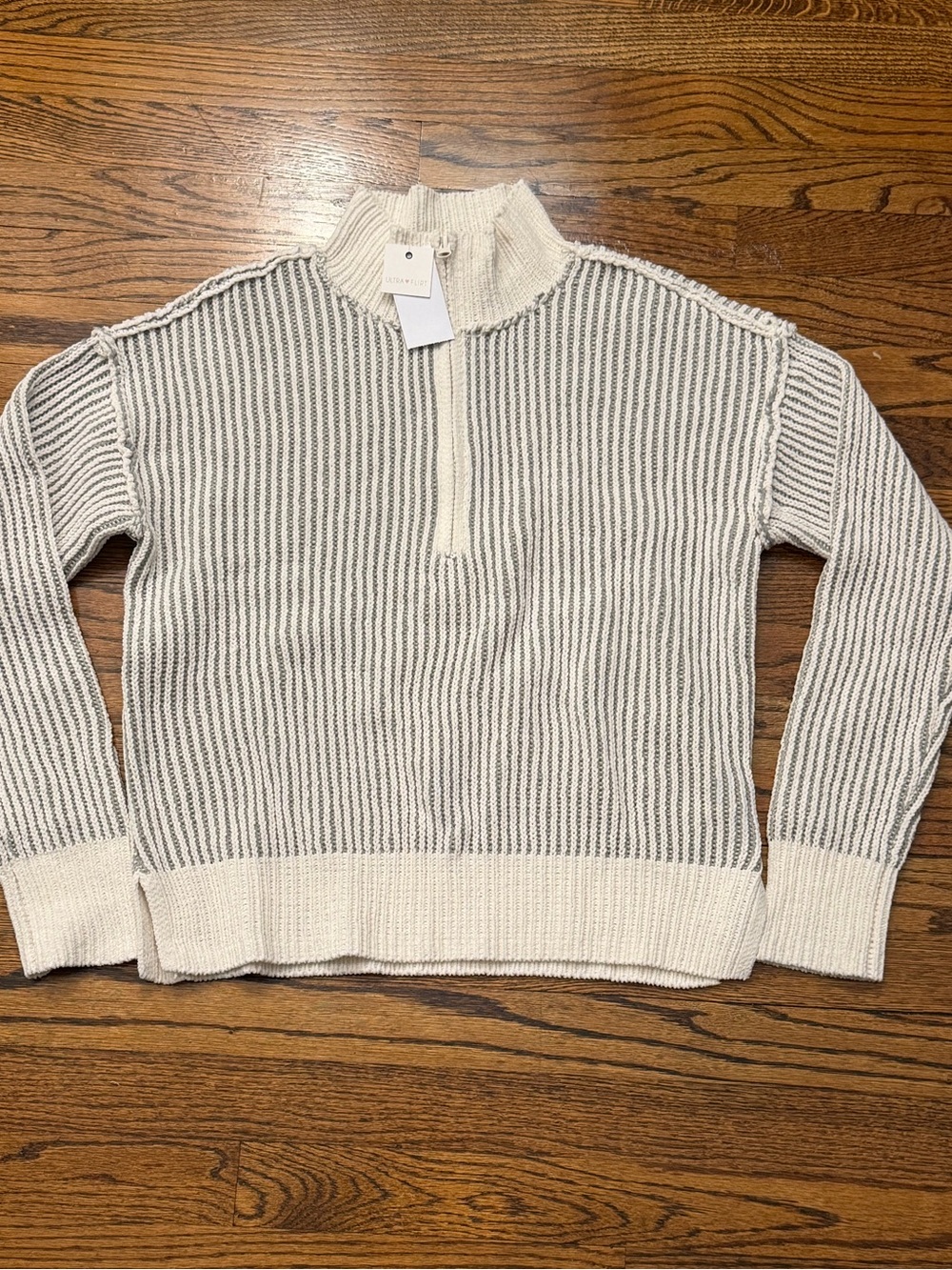 Ultra Flirt Cream and Gray Striped Half-Zip Turtleneck Sweater